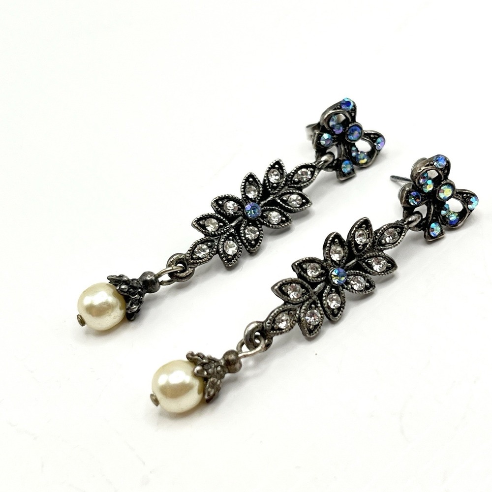 1928 Vintage Dangle Earrings AB Crystal & Bow Faux Pearl Drop Foliage Deco Style